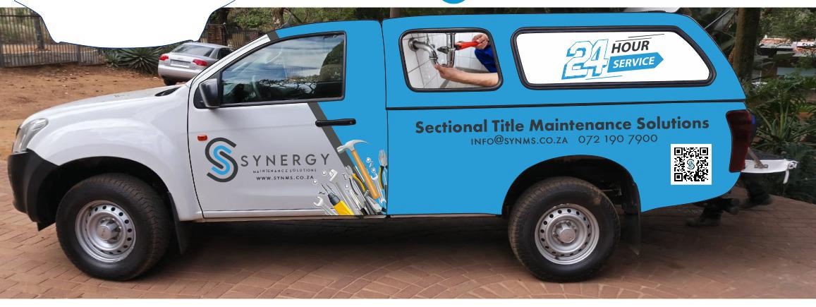 Synergy service bakkie, side view with 24-hour service branding